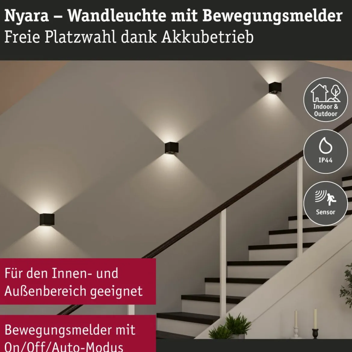 Paulmann 71282 LED Akku Wandleuchte Nyara eckig IP44 3000K schwarz Bewegungsmelder