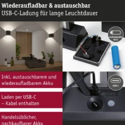 Paulmann 71282 LED Akku Wandleuchte Nyara eckig IP44 3000K schwarz Bewegungsmelder