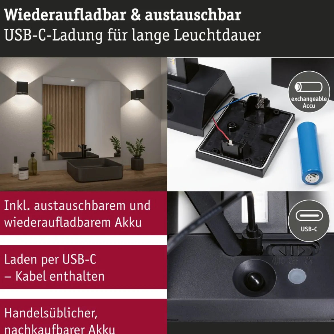 Paulmann 71282 LED Akku Wandleuchte Nyara eckig IP44 3000K schwarz Bewegungsmelder