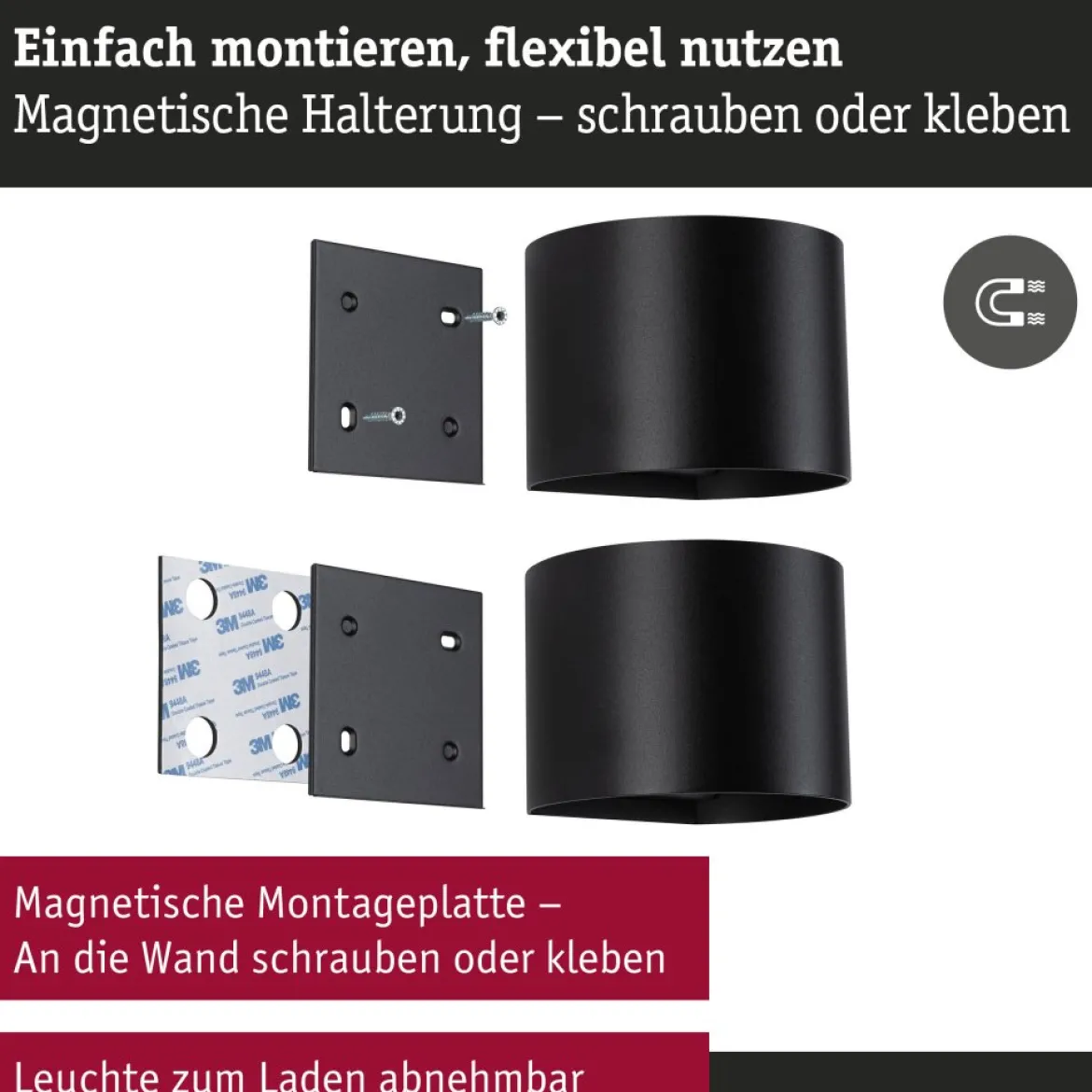 Paulmann 71284 LED Akku Wandleuchte Nyora rund IP44 3000K schwarz Bewegungsmelder