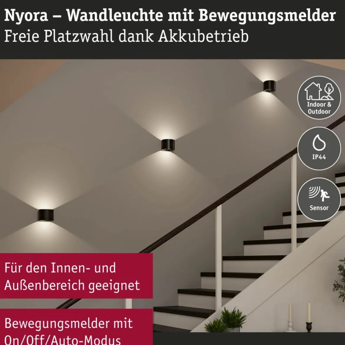 Paulmann 71284 LED Akku Wandleuchte Nyora rund IP44 3000K schwarz Bewegungsmelder