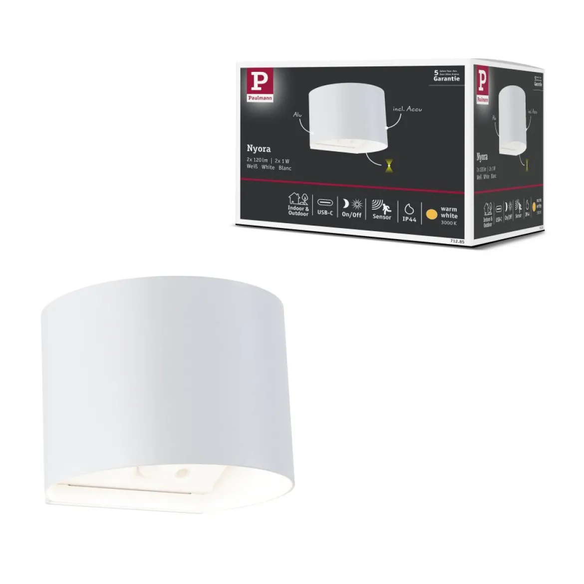 Paulmann 71285 LED Akku Wandleuchte Nyora rund IP44 3000K weiß Bewegungsmelder