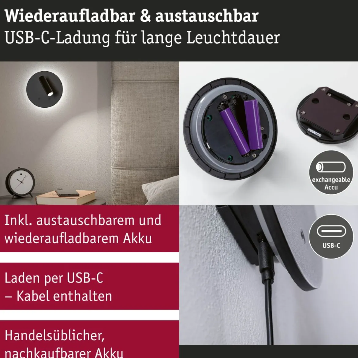 Paulmann 71286 LED Akku Wandleuchte Kiora 2700K schwarz dimmbar