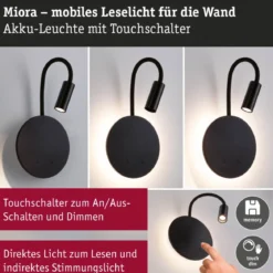 Paulmann 71288 LED Akku Wandleuchte Miora 2700K schwarz dimmbar