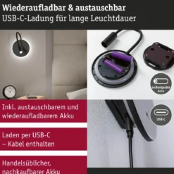 Paulmann 71288 LED Akku Wandleuchte Miora 2700K schwarz dimmbar