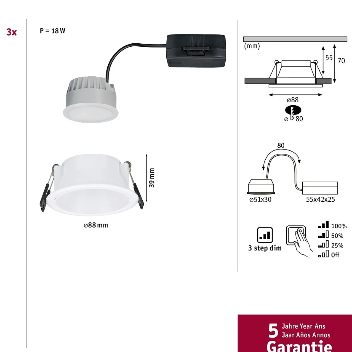 Paulmann 94872 LED Einbauleuchte Cole Coin 2700K weiss 3-Step-Dim IP44