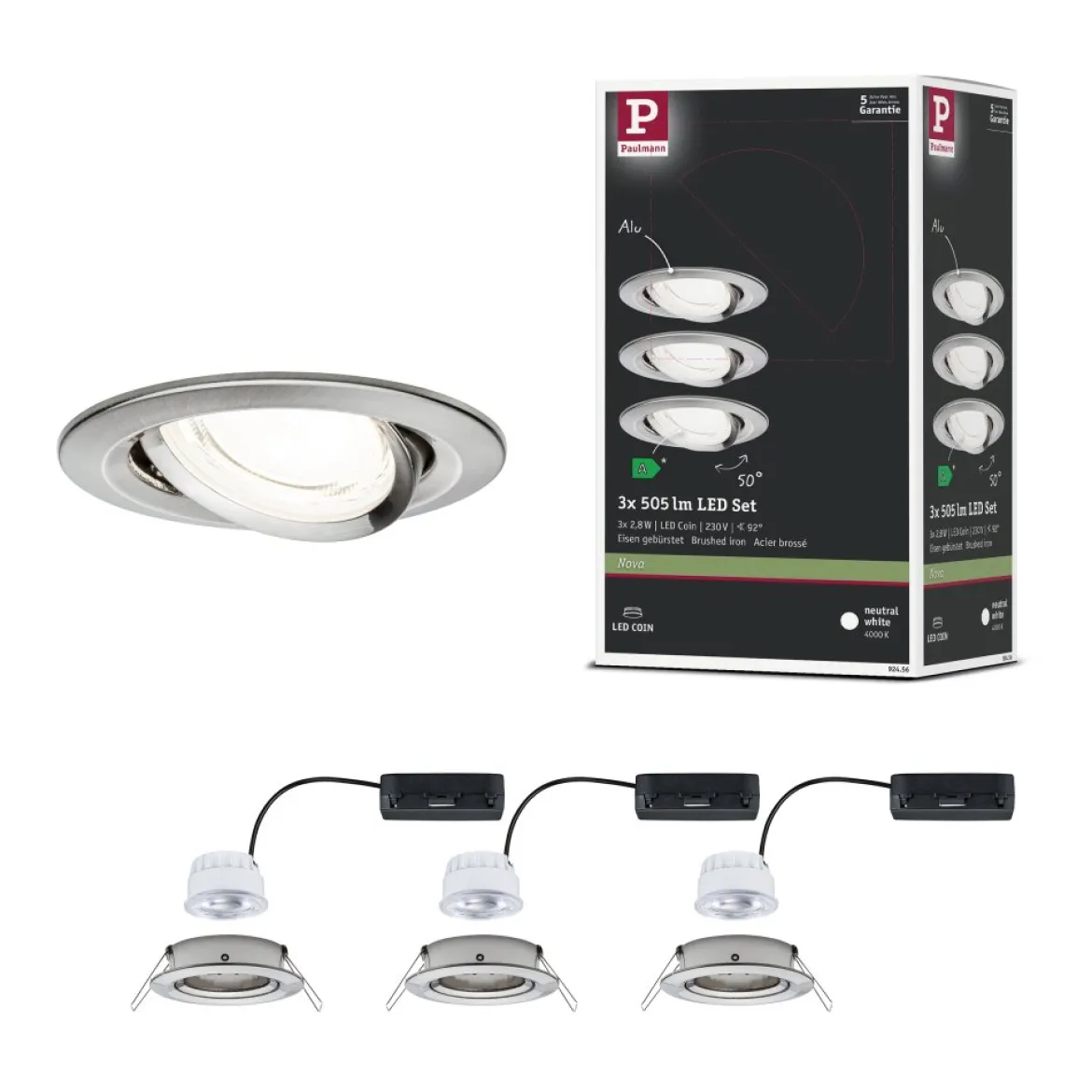 Paulmann 92456 LED Einbauleuchte Nova Coin 3er-Set rund 4000K Eisen gebürstet