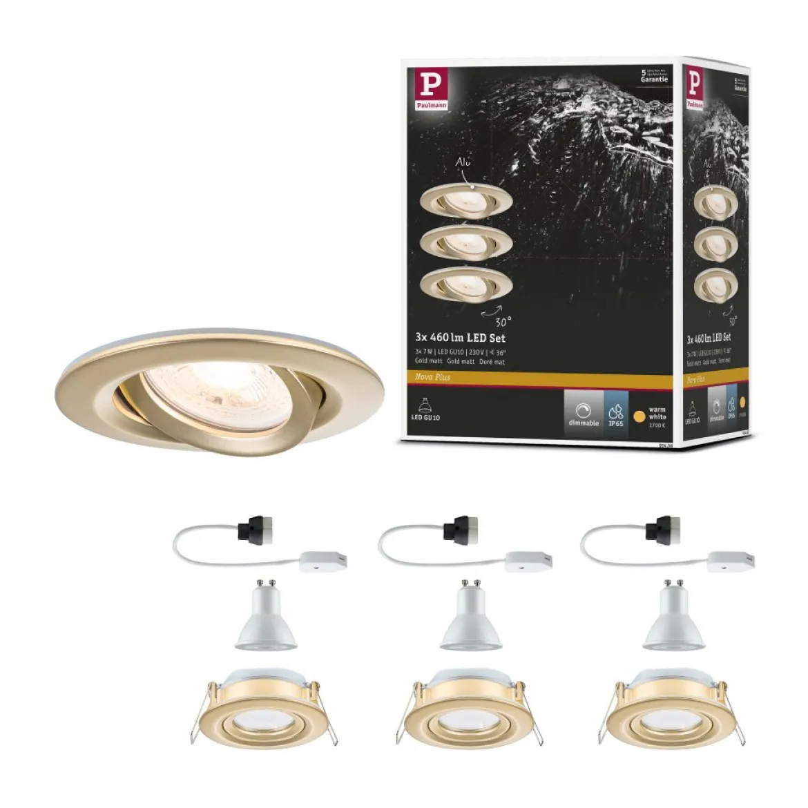 Paulmann 92408 LED Einbauleuchte Nova Plus 3er-Set schwenkbar 93mm gold IP65 dimmbar