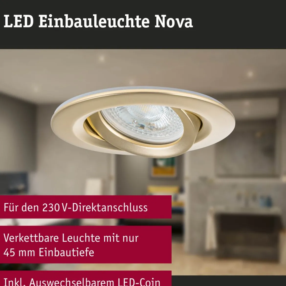 Paulmann 92408 LED Einbauleuchte Nova Plus 3er-Set schwenkbar 93mm gold IP65 dimmbar