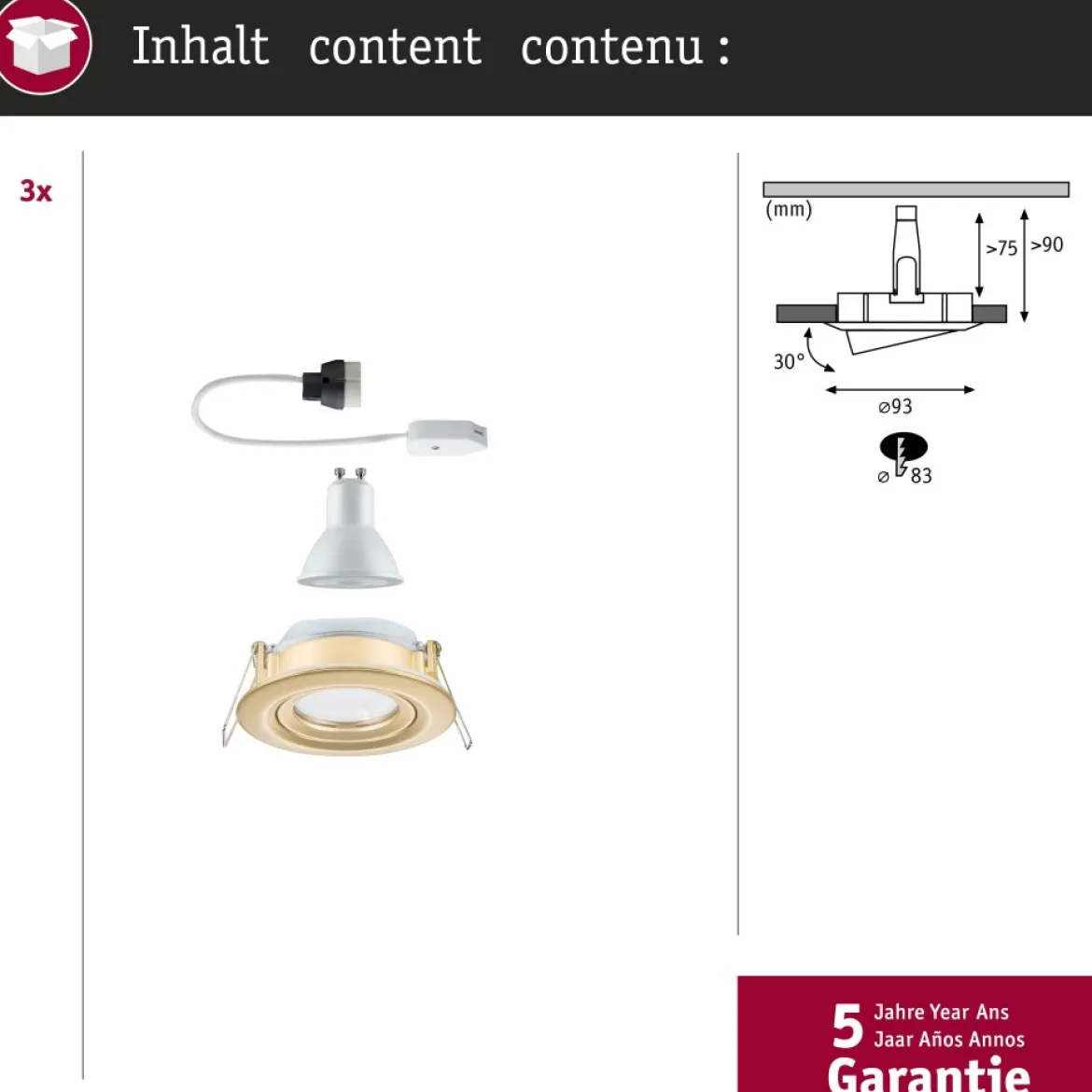 Paulmann 92408 LED Einbauleuchte Nova Plus 3er-Set schwenkbar 93mm gold IP65 dimmbar