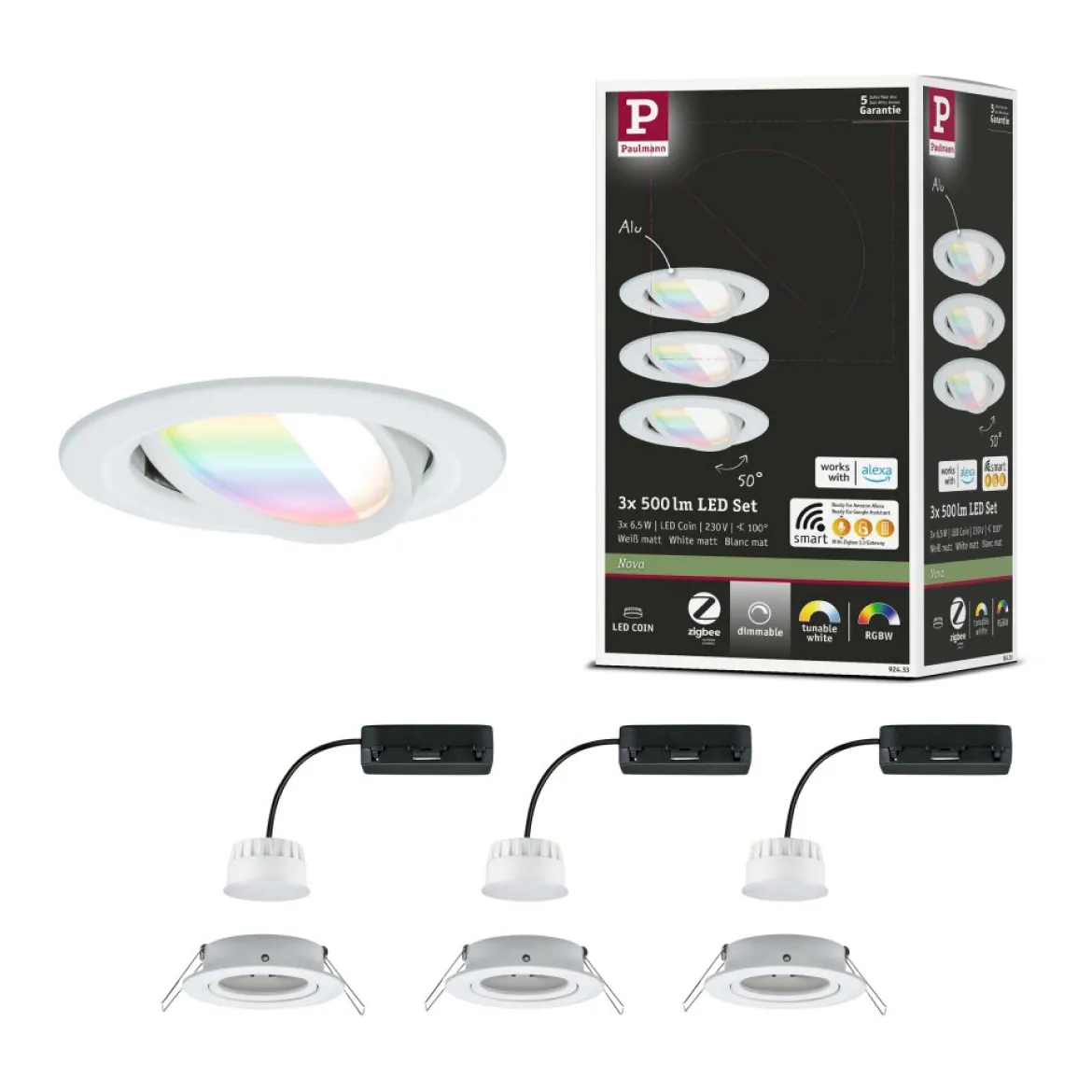 Paulmann 92433 LED Einbauleuchte Nova Coin 3er-Set Zigbee RGBW Weiß matt