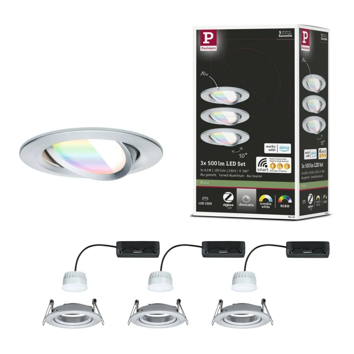 Paulmann 92435 LED Einbauleuchte Nova Coin 3er-Set Zigbee RGBW Alu gedreht