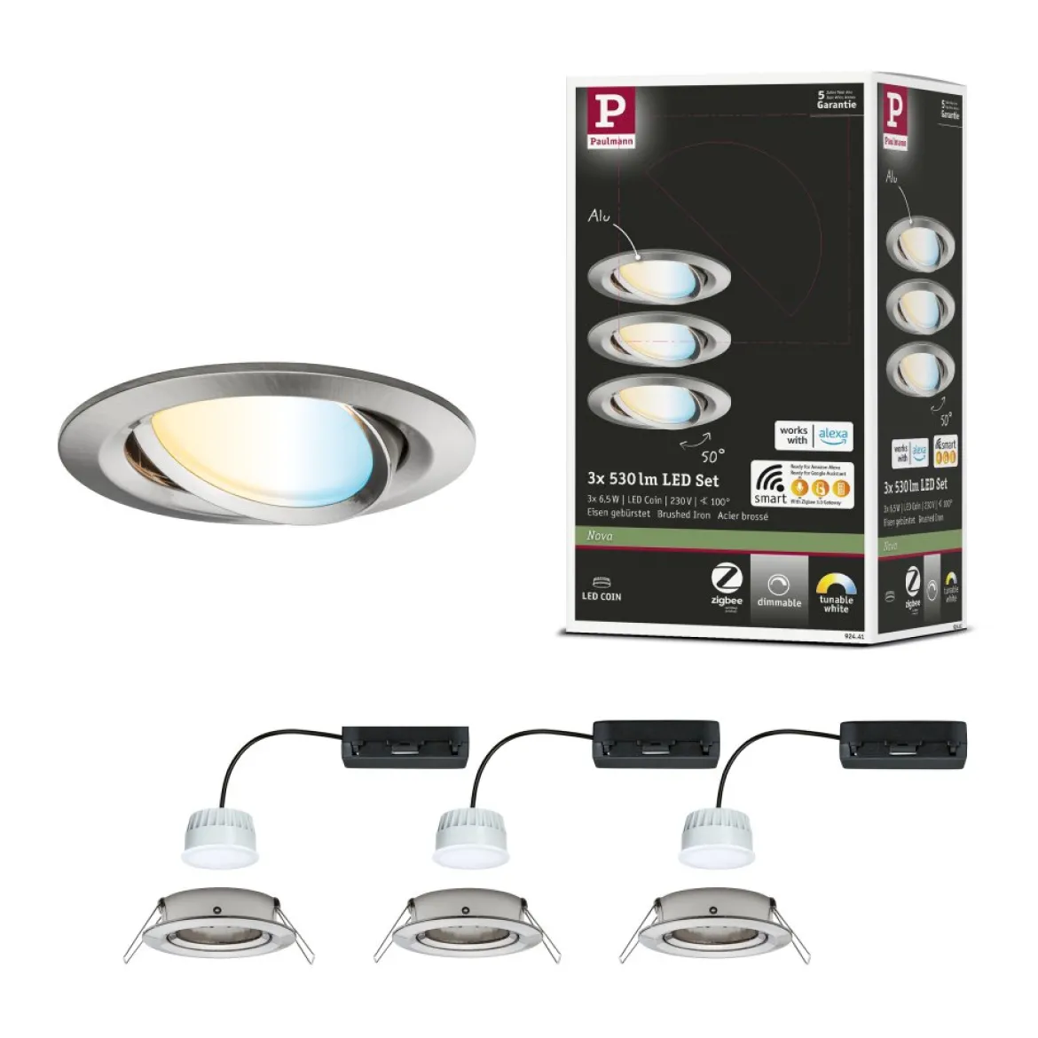 Paulmann 92441 LED Einbauleuchte Nova Coin 3er-Set Zigbee Tunable White Eisen gebürstet