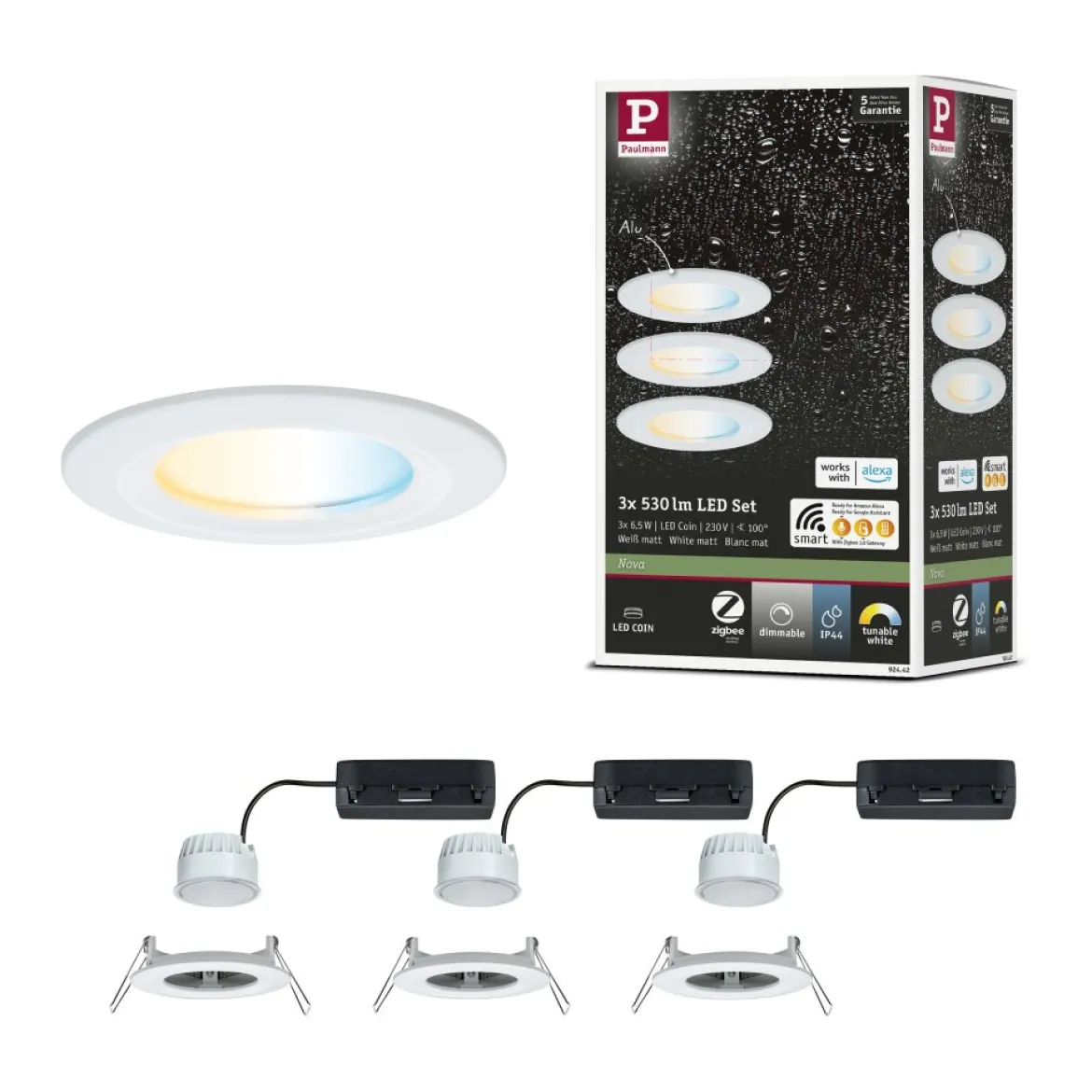 Paulmann 92442 LED Einbauleuchte Nova Coin 3er-Set Zigbee Tunable White Weiß matt IP44