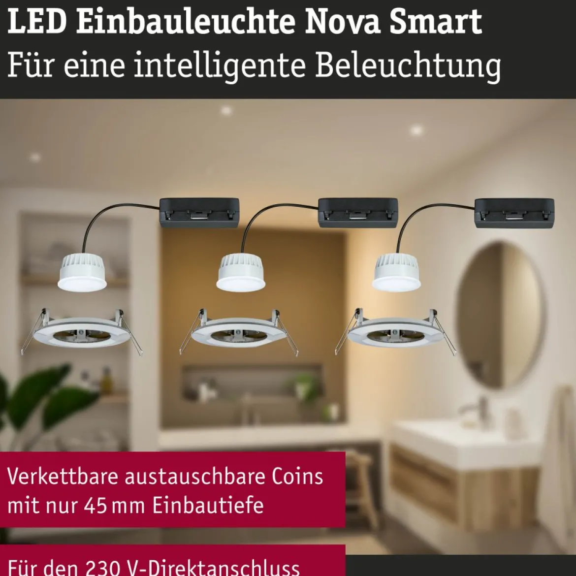 Paulmann 92443 LED Einbauleuchte Nova Coin 3er-Set Zigbee Tunable White Eisen gebürstet IP44
