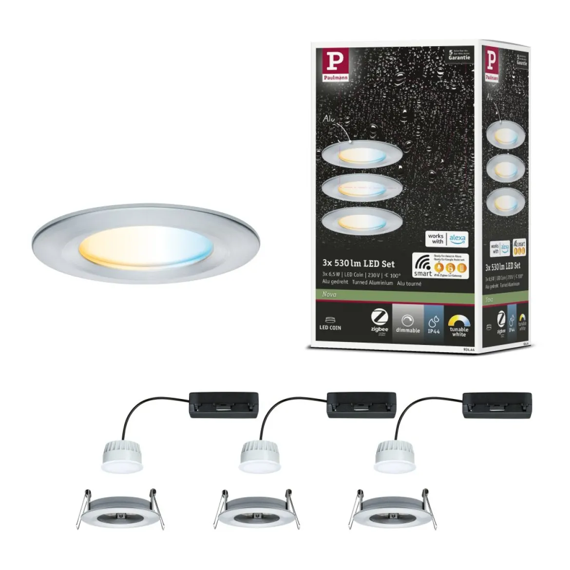 Paulmann 92444 LED Einbauleuchte Nova Coin 3er-Set Zigbee Tunable White Alu gedreht IP44
