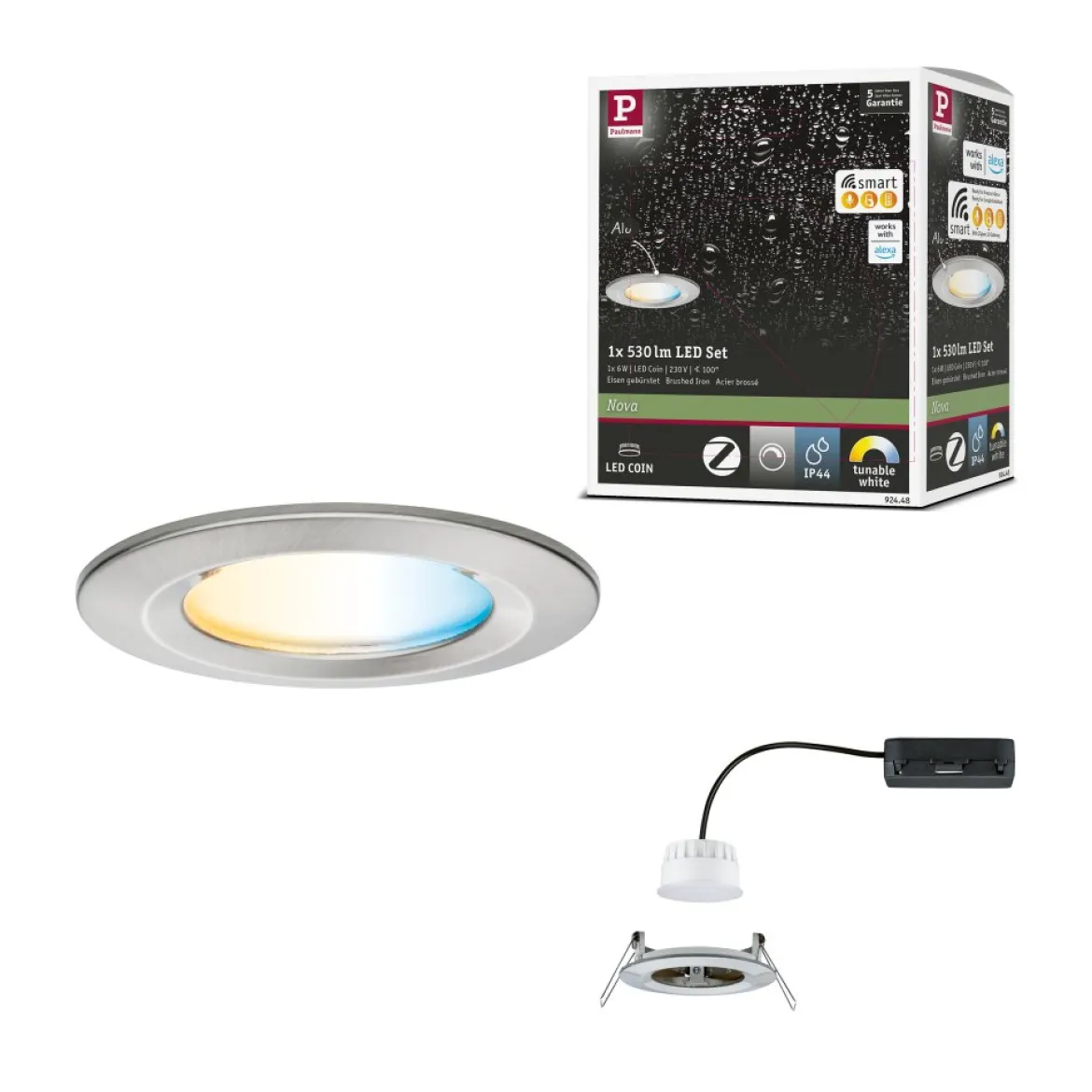 Paulmann 92448 LED Einbauleuchte Nova Coin Zigbee Tunable White Eisen gebürstet IP44