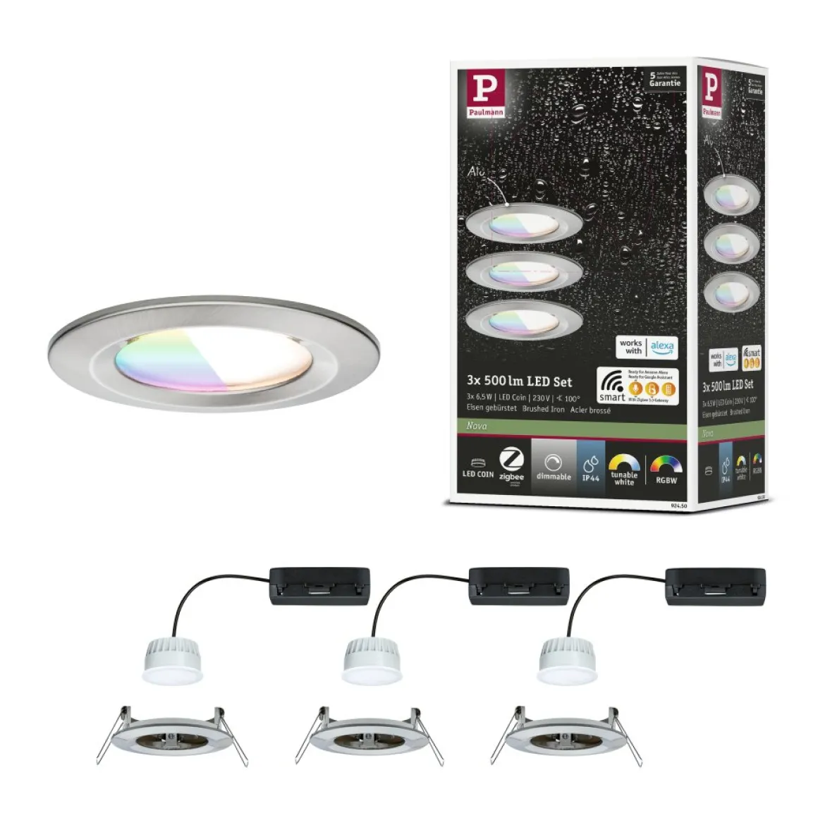 Paulmann 92450 LED Einbauleuchte Nova Coin 3er-Set Zigbee RGBW Eisen gebürstet IP44