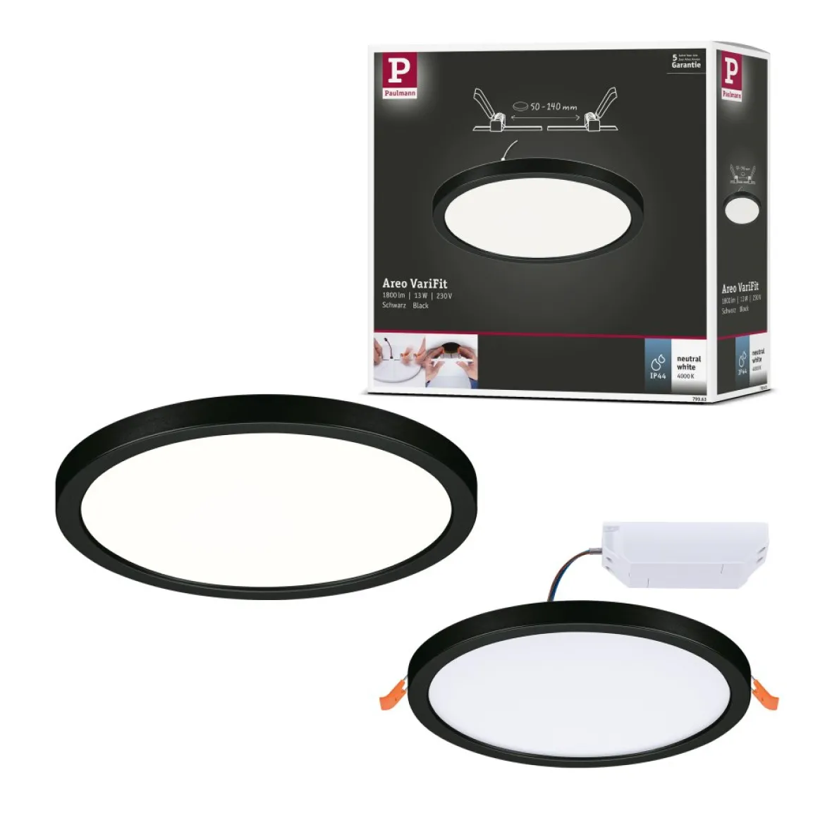 Paulmann 79963 LED Einbaupanel Areo VariFit IP44 rund 175mm Schwarz 4000K
