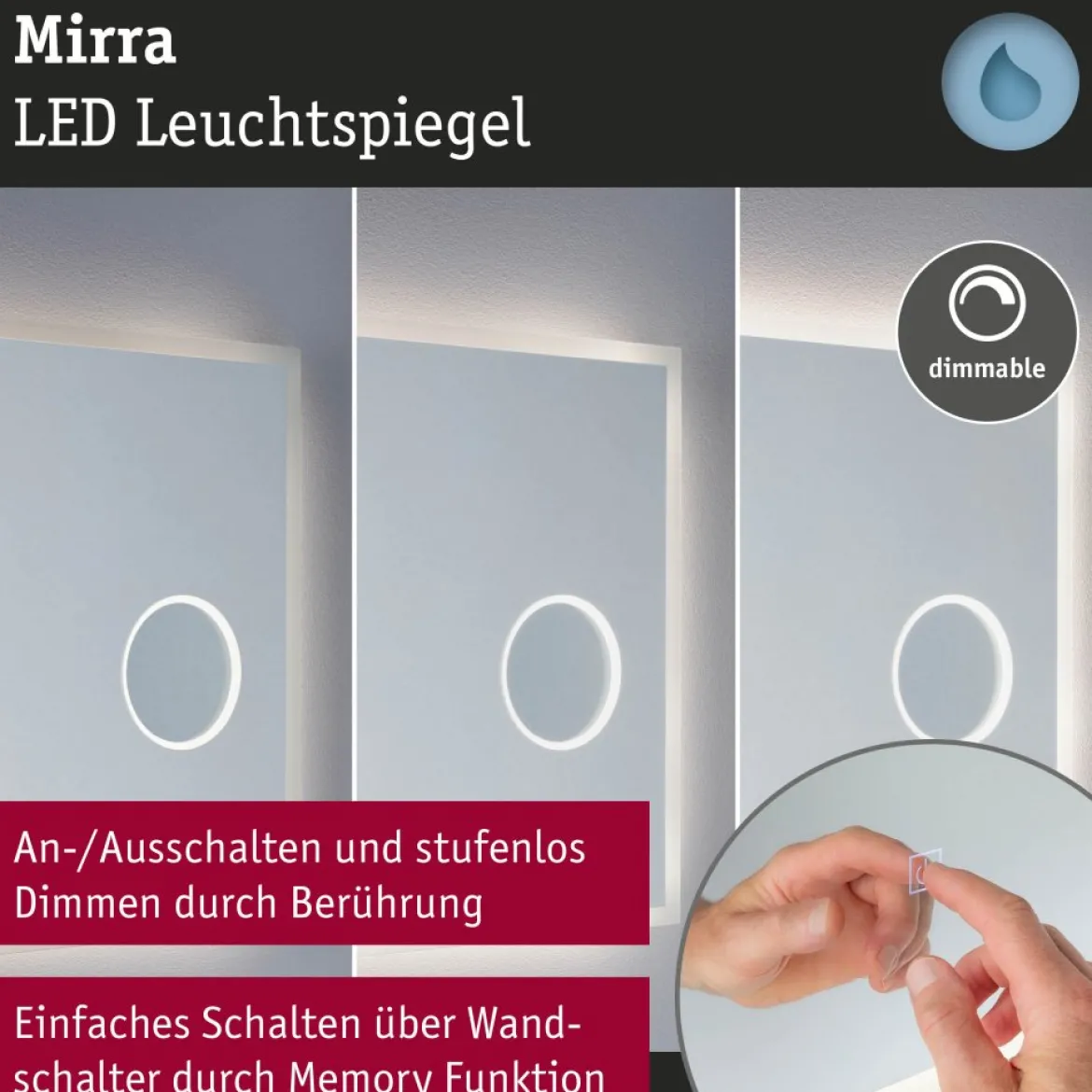 Paulmann 70556 LED Leuchtspiegel Mirra 80x60cm mit Kosmetikspiegel dimmbar