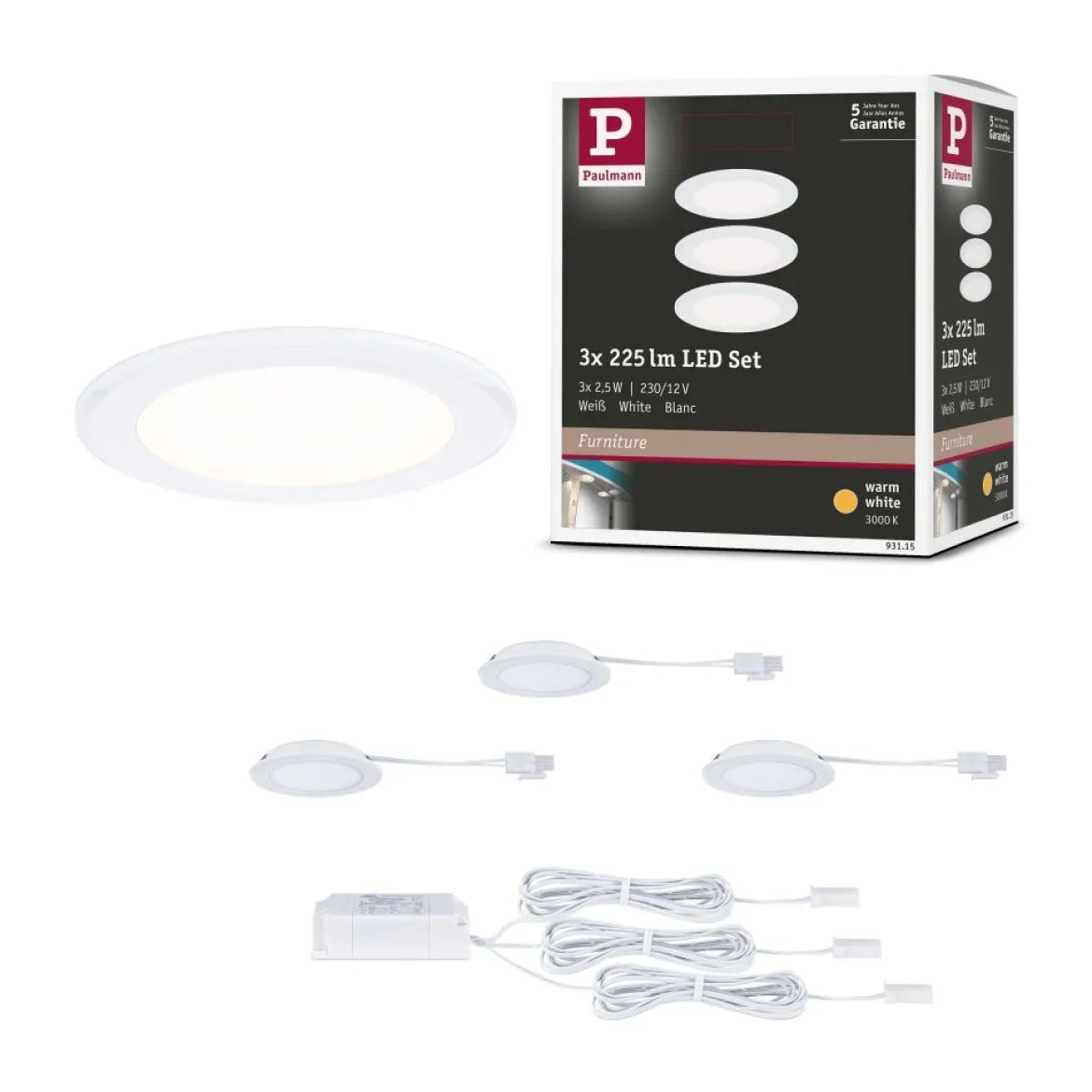 Paulmann 93115 LED Möbeleinbauleuchten 3er Set 3000K Weiß