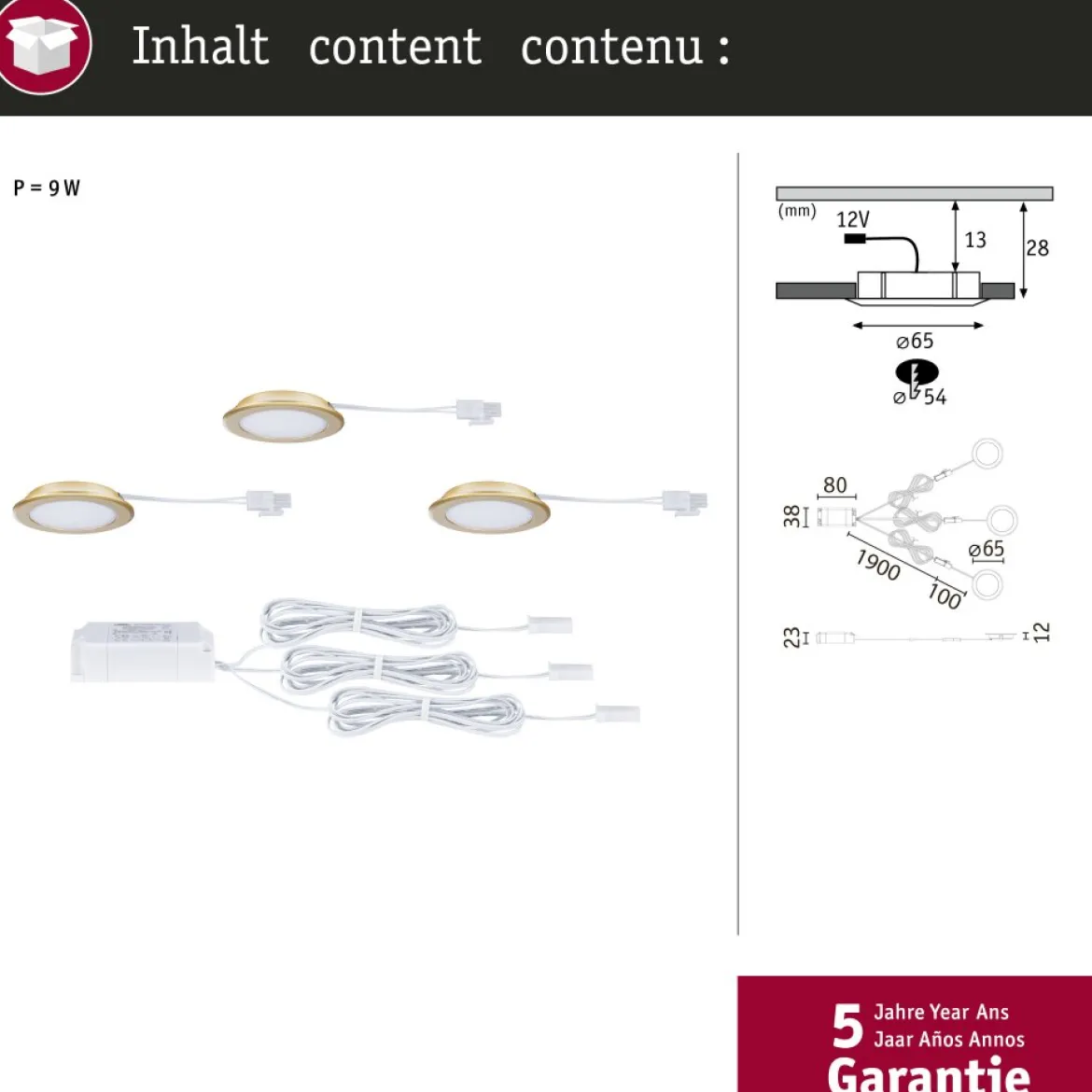 Paulmann 93119 LED Möbeleinbauleuchten 3er Set 3000K Gold