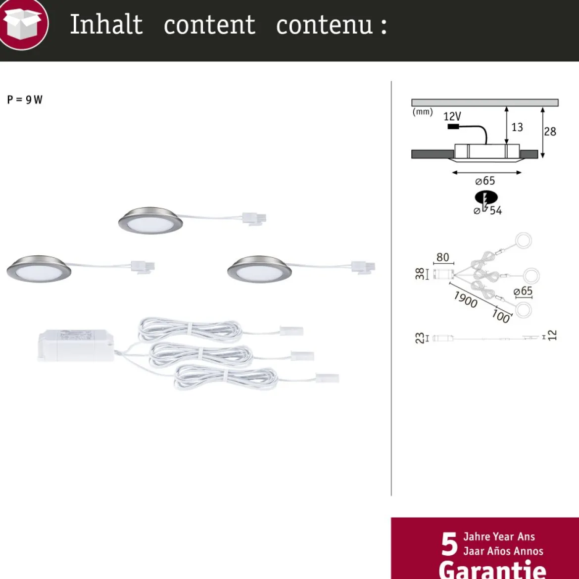 Paulmann 93121 LED Möbeleinbauleuchten 3er Set 4000K Eisen