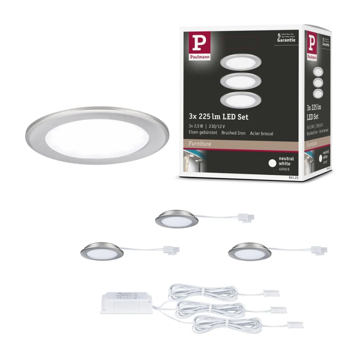 Paulmann 93121 LED Möbeleinbauleuchten 3er Set 4000K Eisen