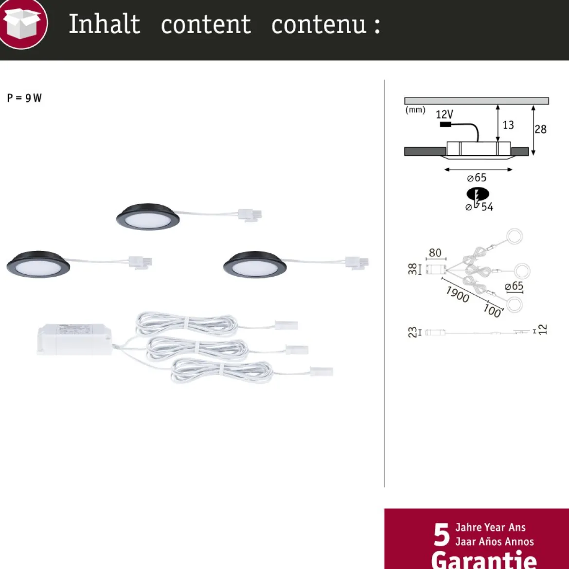 Paulmann 93122 LED Möbeleinbauleuchten 3er Set 4000K Schwarz