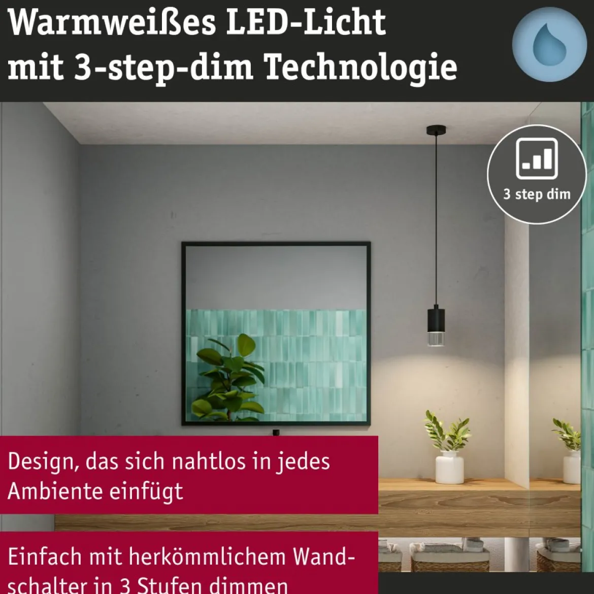 Paulmann 79997 LED Pendelleuchte Kame Schwarz 3-Step Dim IP44