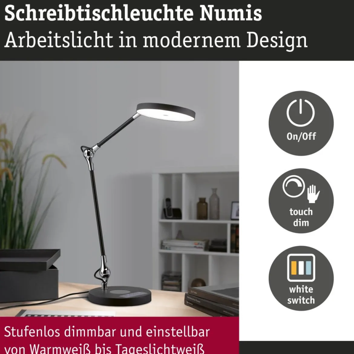 Paulmann 78010 LED Schreibtischleuchte Numis White Switch schwarz
