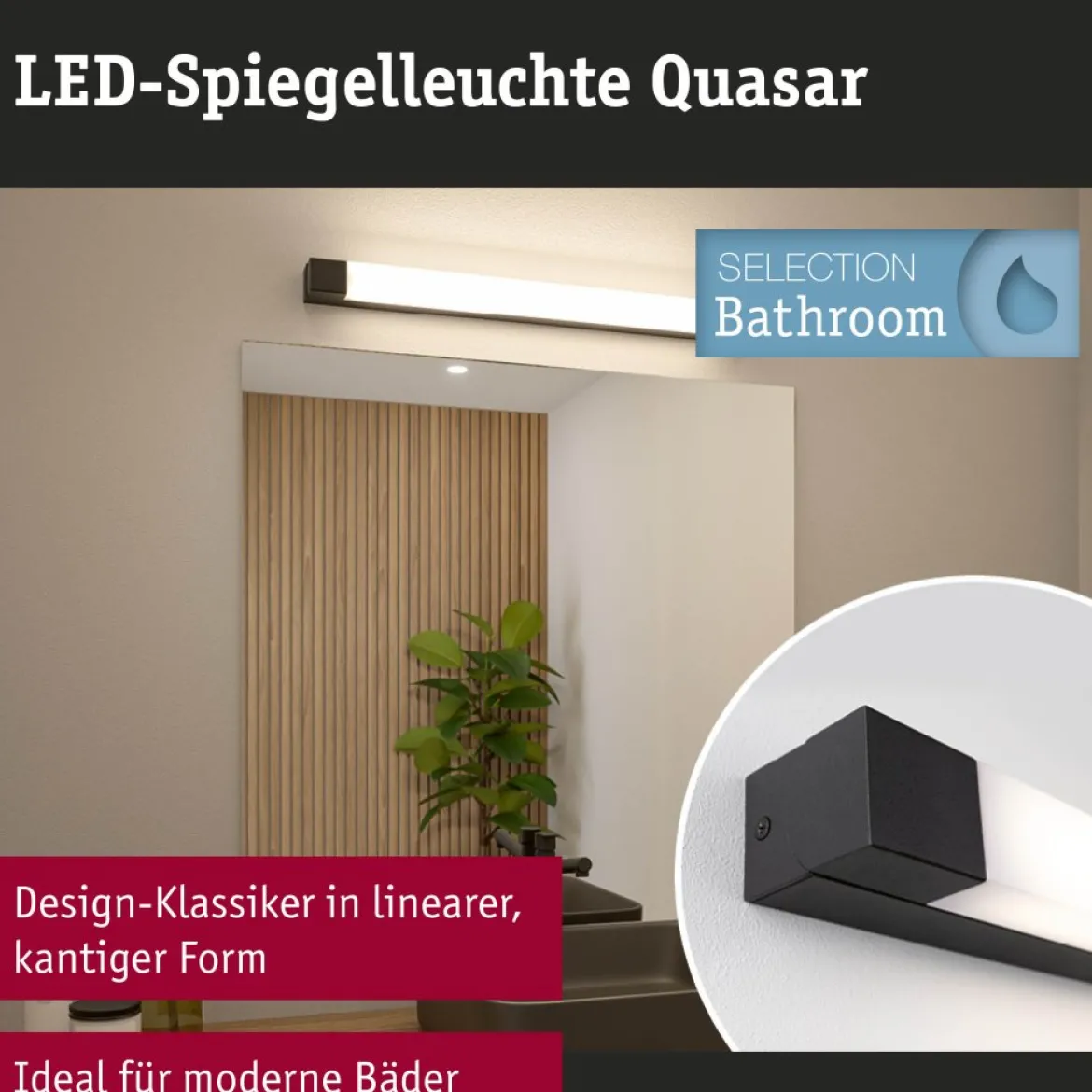 Paulmann 71215 LED Spiegelleuchte Quasar 70cm 3000K Schwarz IP44