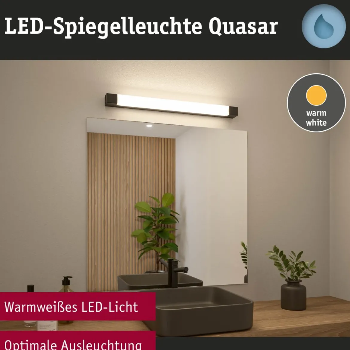 Paulmann 71215 LED Spiegelleuchte Quasar 70cm 3000K Schwarz IP44