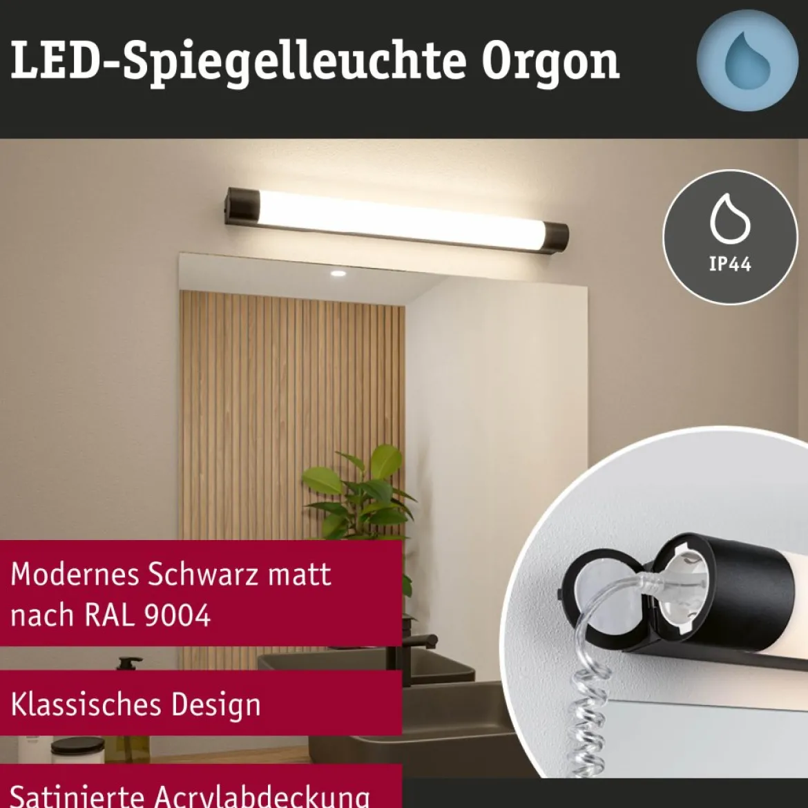 Paulmann 71214 LED Spiegelleuchte Orgon Steckdose 70cm 3000K Schwarz IP44
