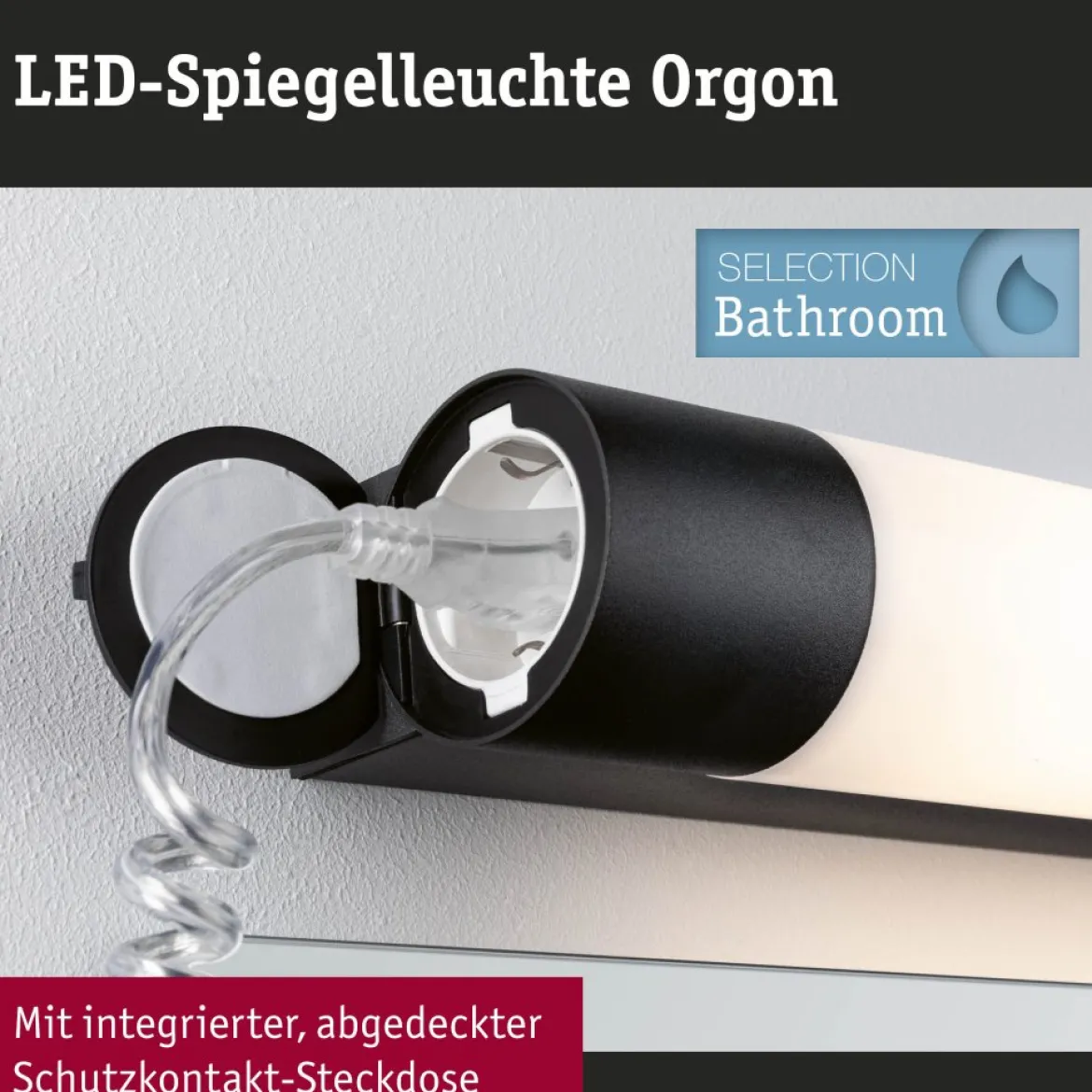 Paulmann 71214 LED Spiegelleuchte Orgon Steckdose 70cm 3000K Schwarz IP44