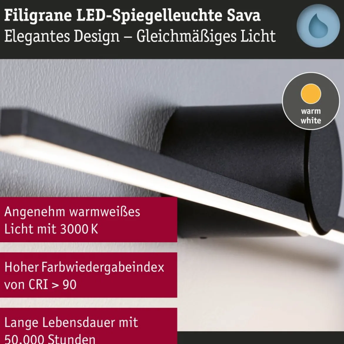 Paulmann 75410 LED Spiegelleuchte Sava 30cm 3000K Schwarz IP44