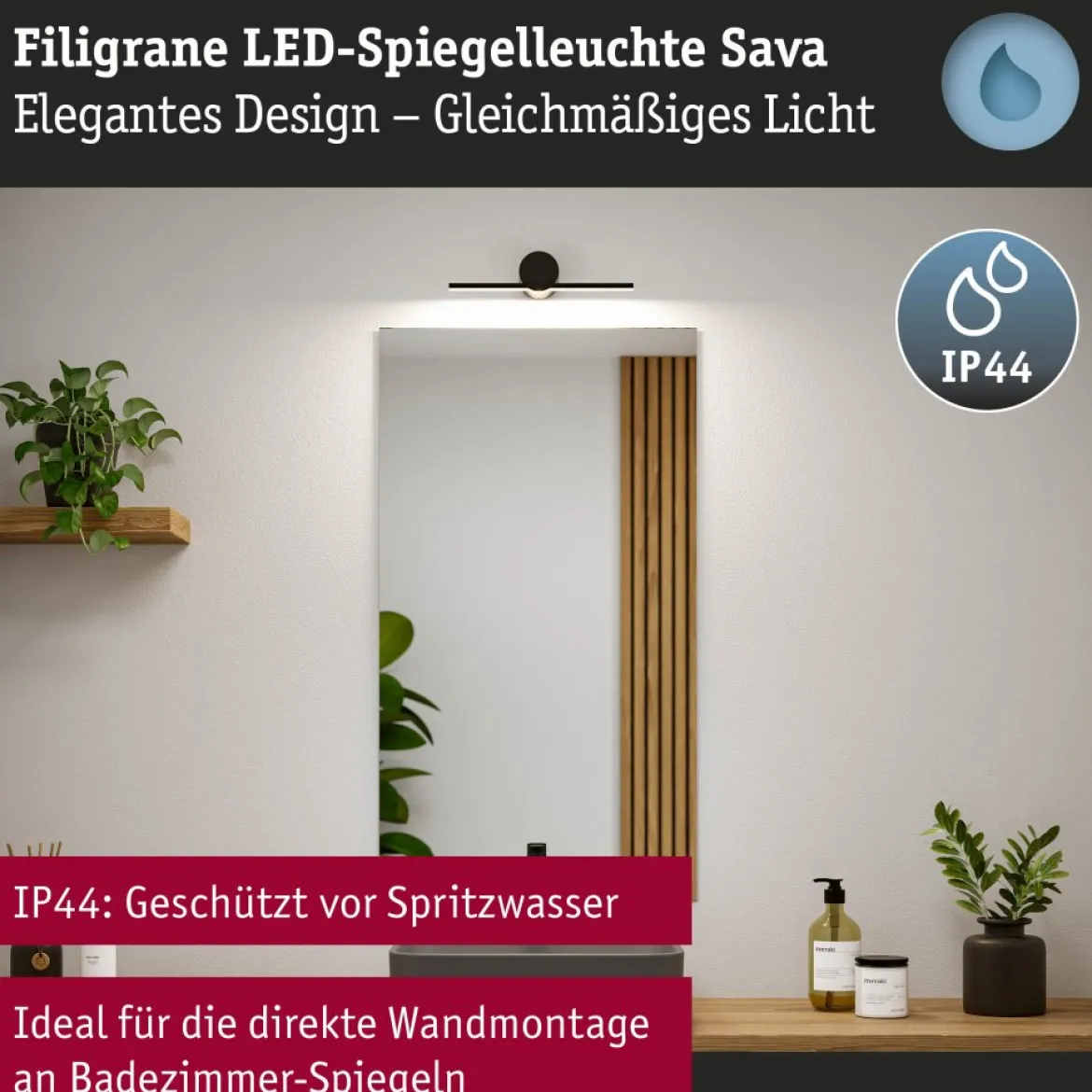 Paulmann 75410 LED Spiegelleuchte Sava 30cm 3000K Schwarz IP44