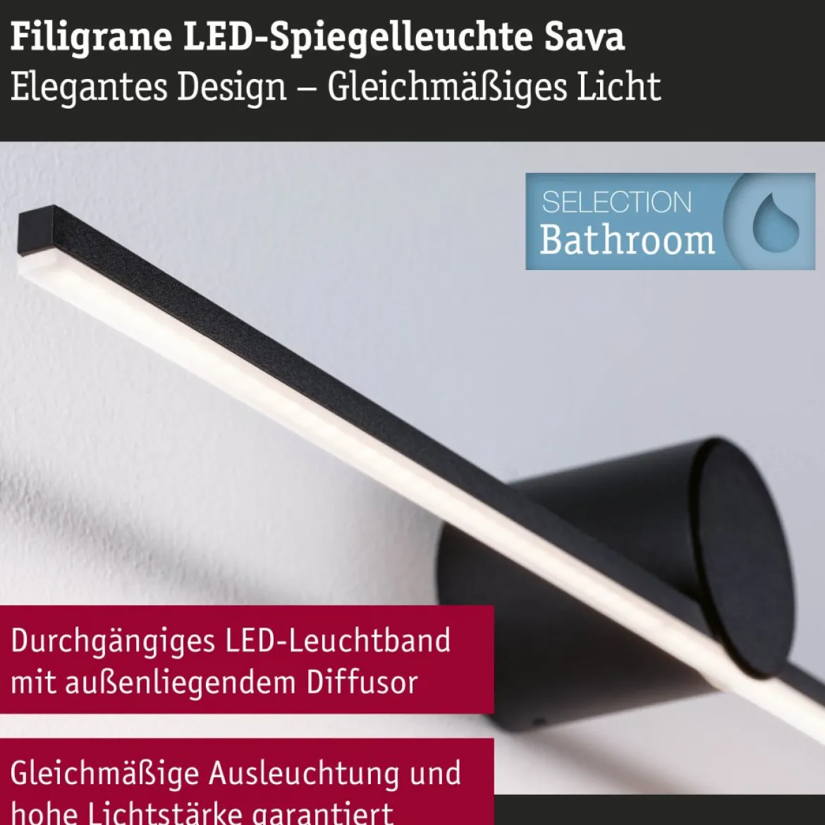 Paulmann 75410 LED Spiegelleuchte Sava 30cm 3000K Schwarz IP44