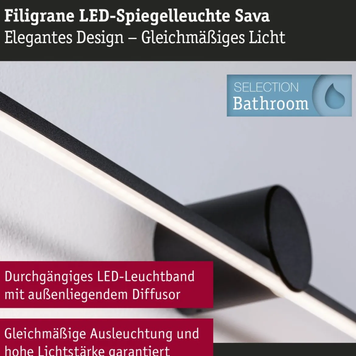 Paulmann 75412 LED Spiegelleuchte Sava 90cm 3000K Schwarz IP44