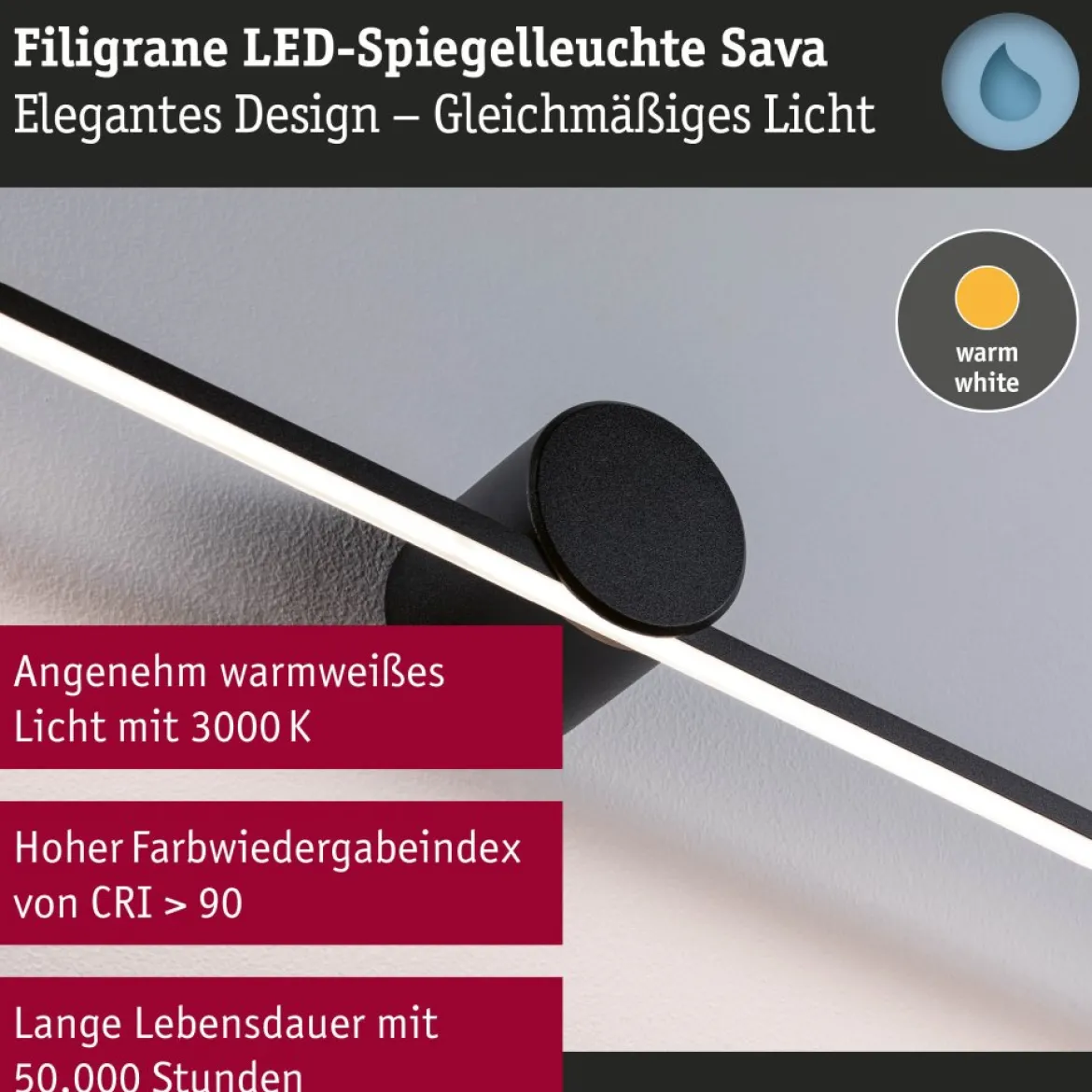 Paulmann 75412 LED Spiegelleuchte Sava 90cm 3000K Schwarz IP44