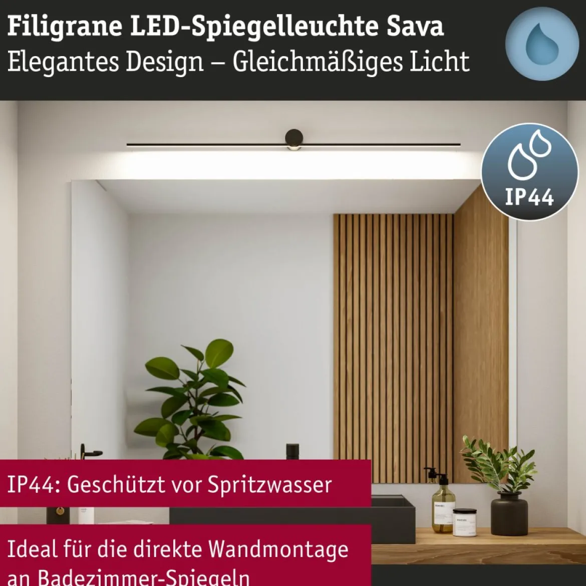Paulmann 75413 LED Spiegelleuchte Sava 120cm 3000K Schwarz IP44