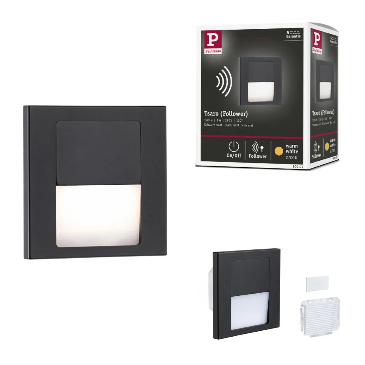 Paulmann 80001 LED Wandeinbauleuchte Tsaro eckig 80x36mm 2700K Schwarz