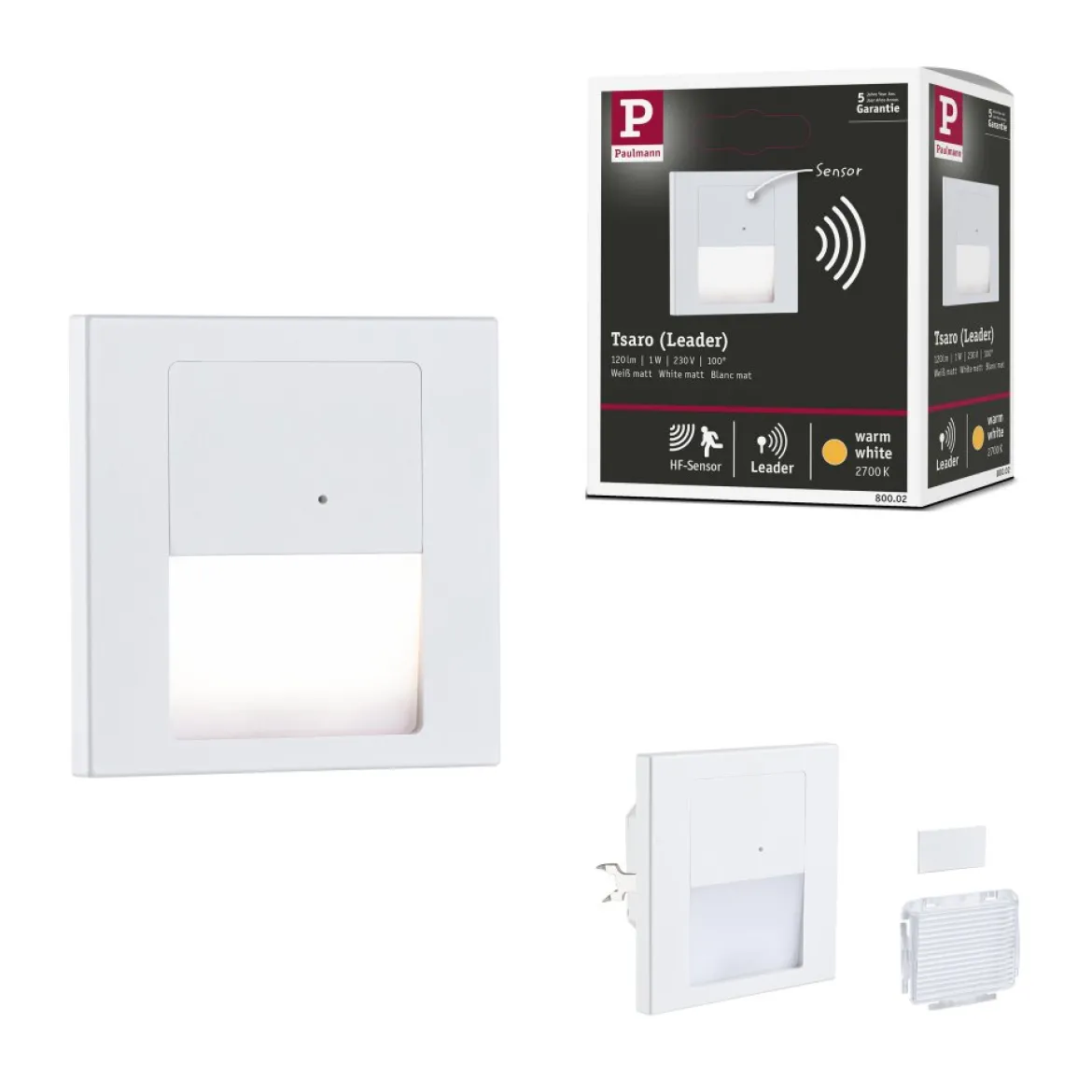Paulmann 80002 LED Wandeinbauleuchte Tsaro Bewegungsmelder 80x36mm 2700K Weiß