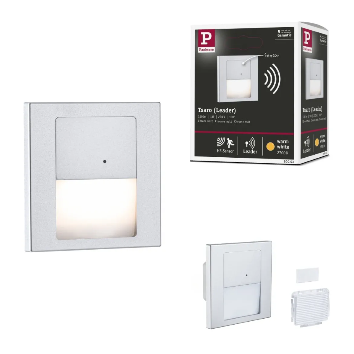 Paulmann 80003 LED Wandeinbauleuchte Tsaro eckig 80x36mm 2700K Chrom matt Sensor