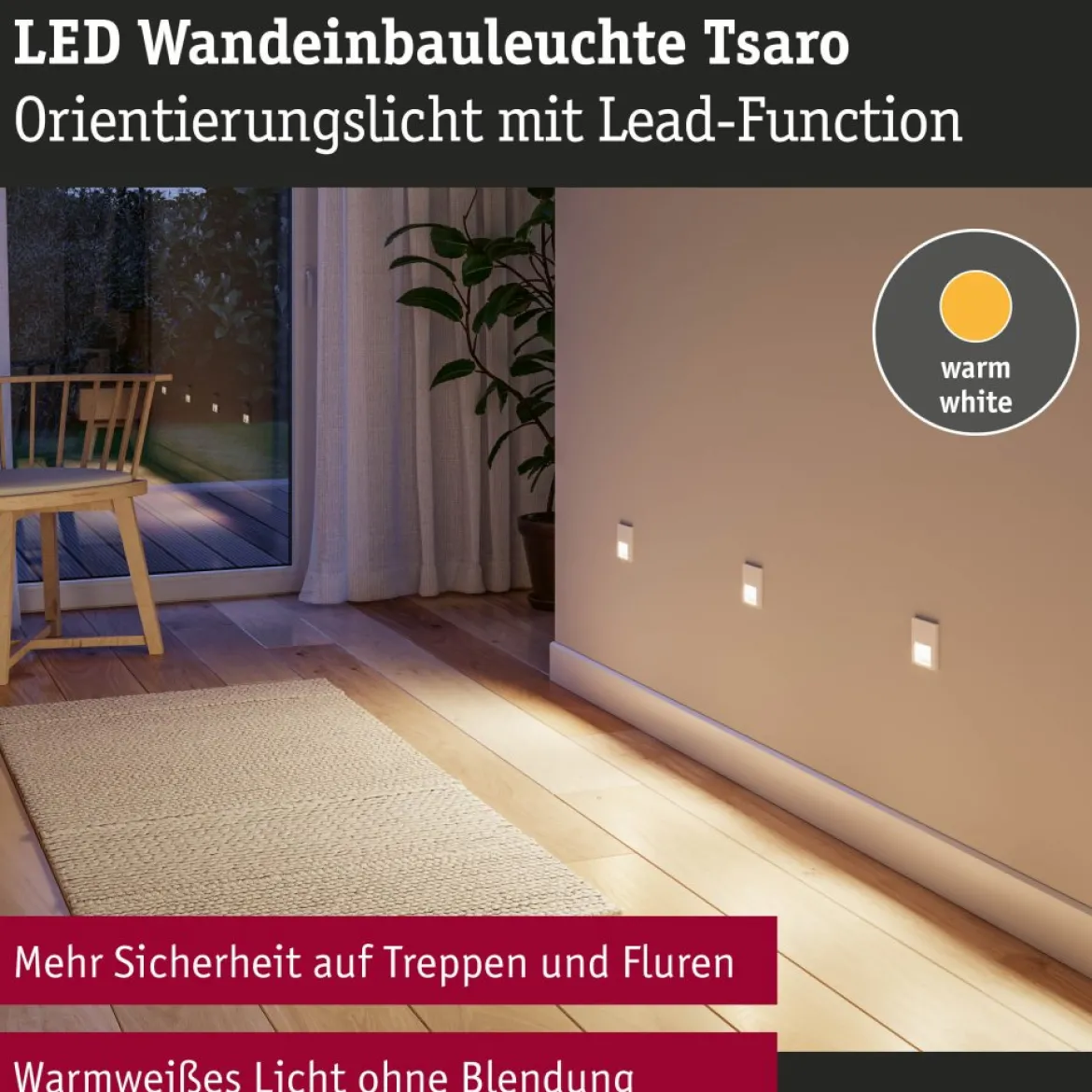 Paulmann 80003 LED Wandeinbauleuchte Tsaro eckig 80x36mm 2700K Chrom matt Sensor