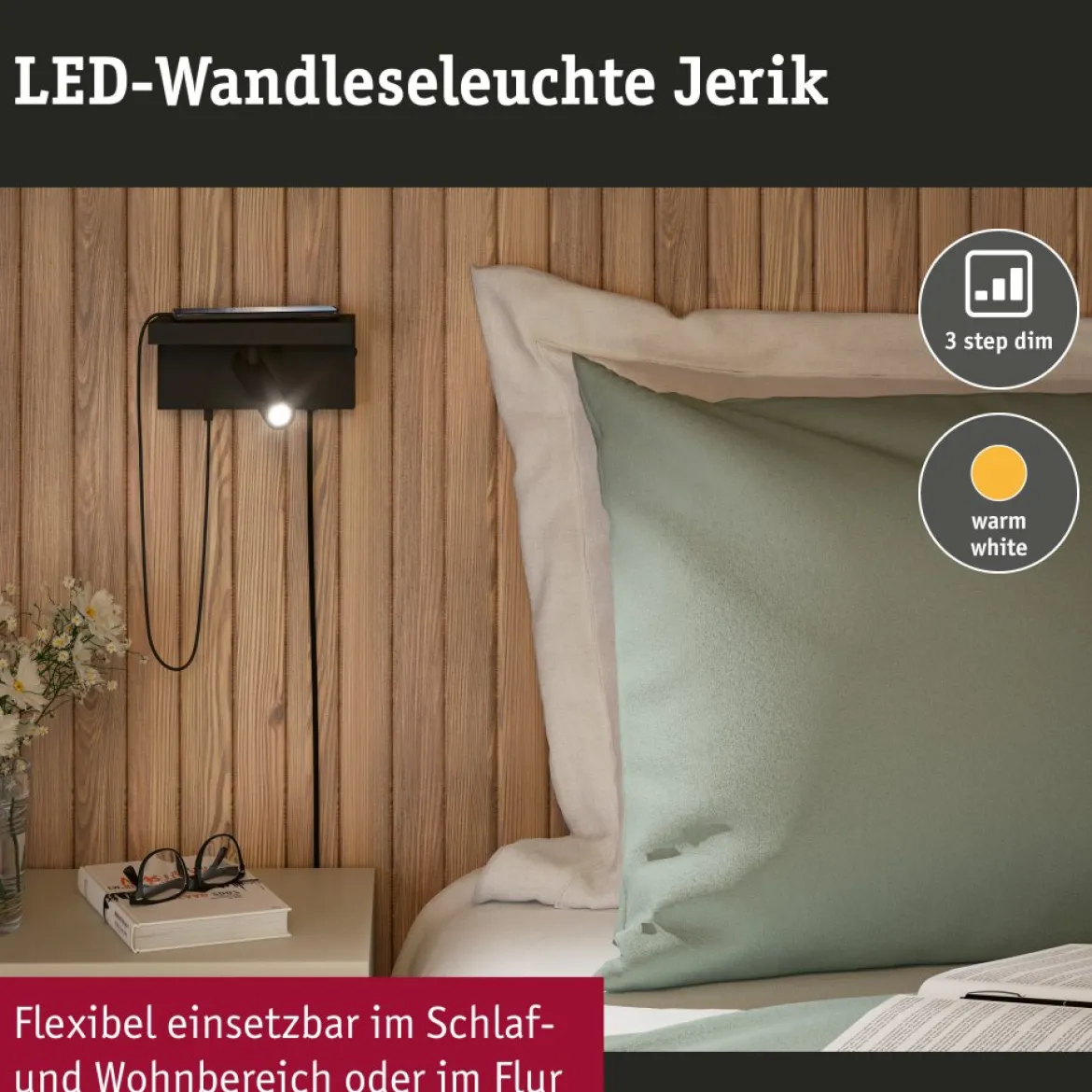 Paulmann 71107 LED Wandleuchte Jerik USB C 3000K 3-Step-Dim Schwarz