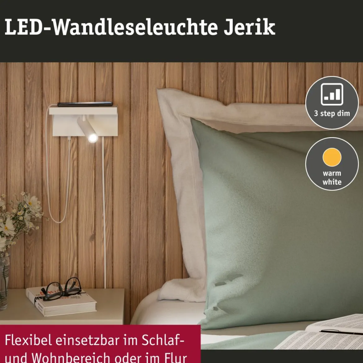 Paulmann 71106 LED Wandleuchte Jerik USB C 3000K 3-Step-Dim Weiß