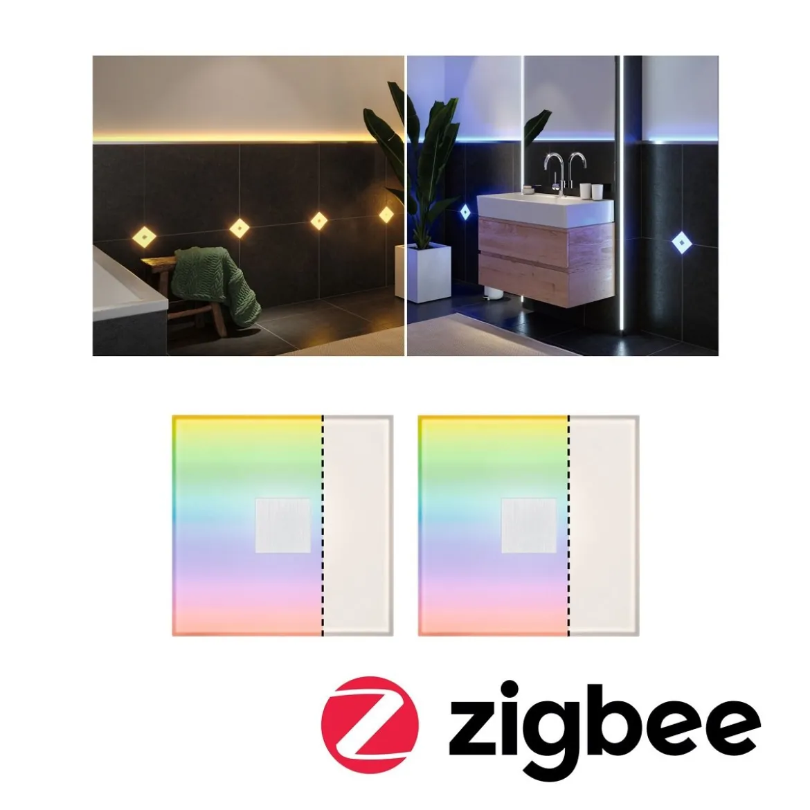 Paulmann 78412 LumiTiles LED Fliesen Square 2er-Basisset 100x10mm Zigbee RGBW IP44 Weiß