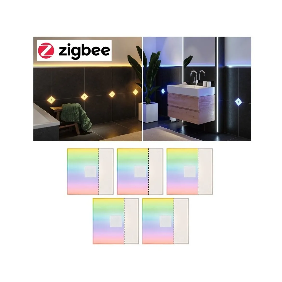 Paulmann 78413 LumiTiles LED Fliesen Square 5er-Basisset 100x10mm Zigbee RGBW IP44 Weiß