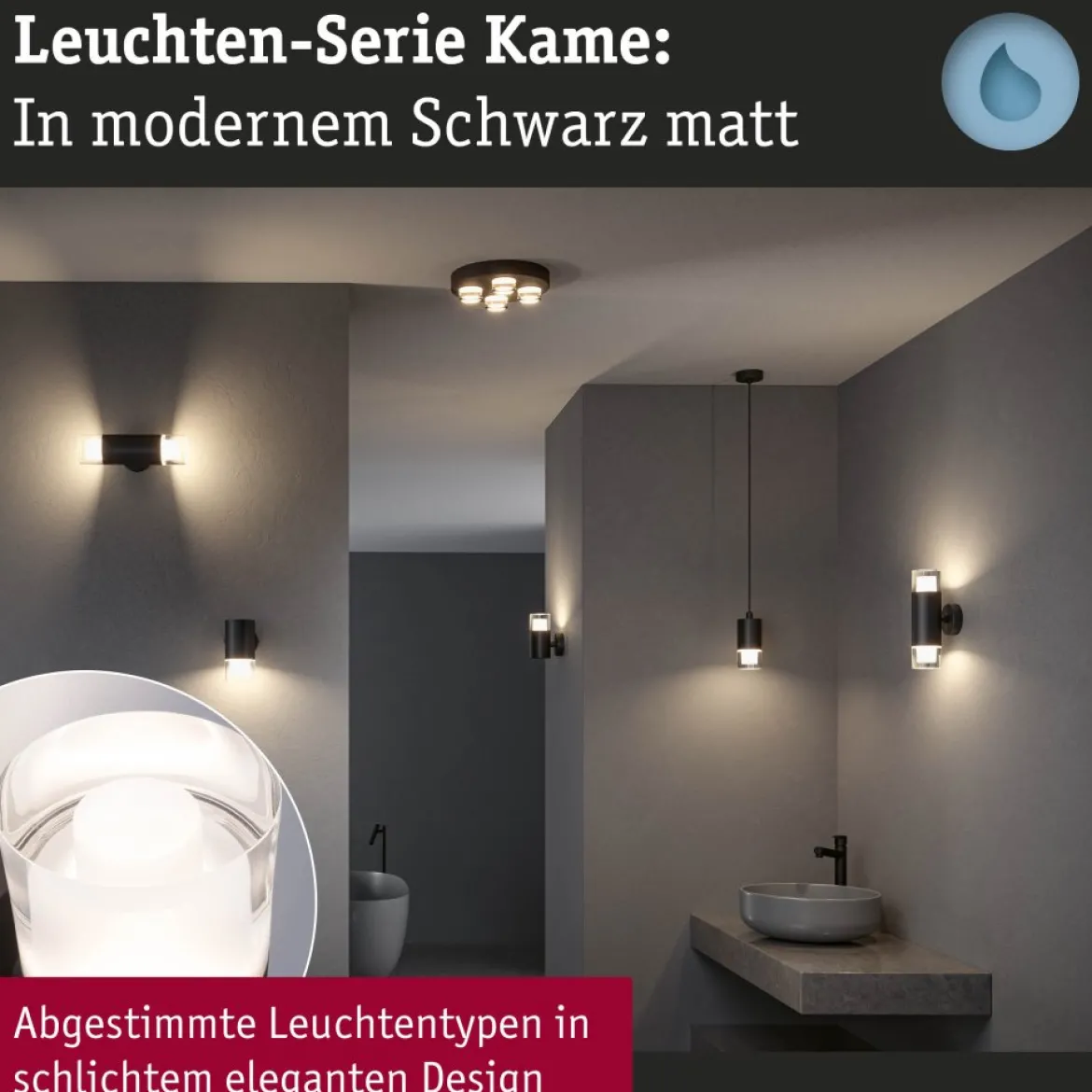 Paulmann 79560 Selection Bathroom LED Wandleuchte Kame 2-flammig 3000K Schwarz IP44